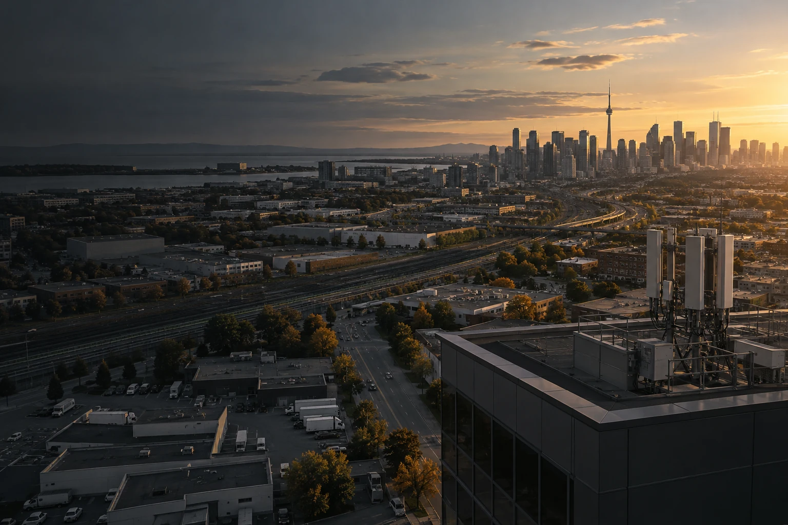 Canadian urban infrastructure and city skyline at dusk